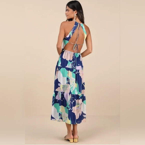 Lulus Hours of Flowers Blue Multi Floral Lace-Up Tiered Midi Dress Size XS - Picture 2 of 13